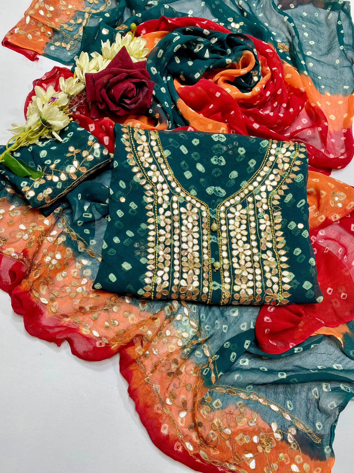 Chunri Pasting Gota Work Suit - Teal & Red