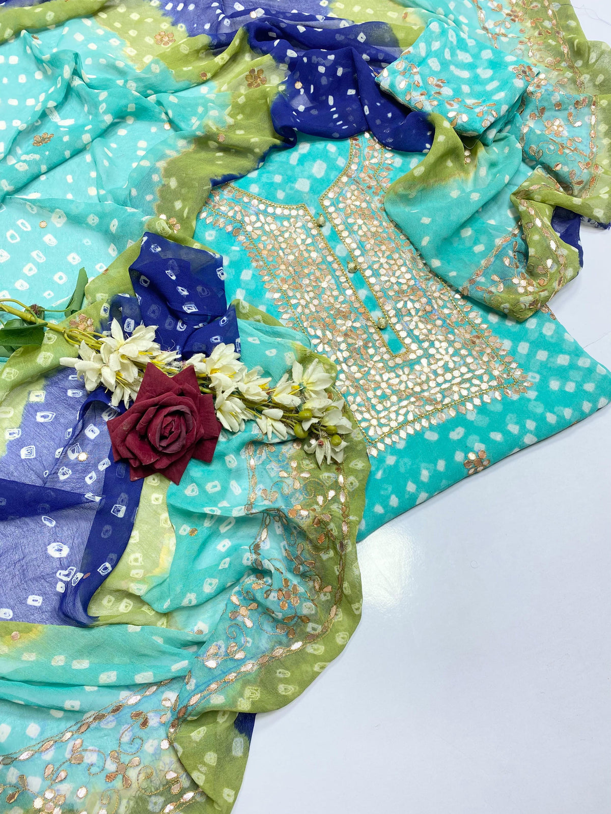 Chunri Pasting Gota Work Suit - Turquoise & Blue