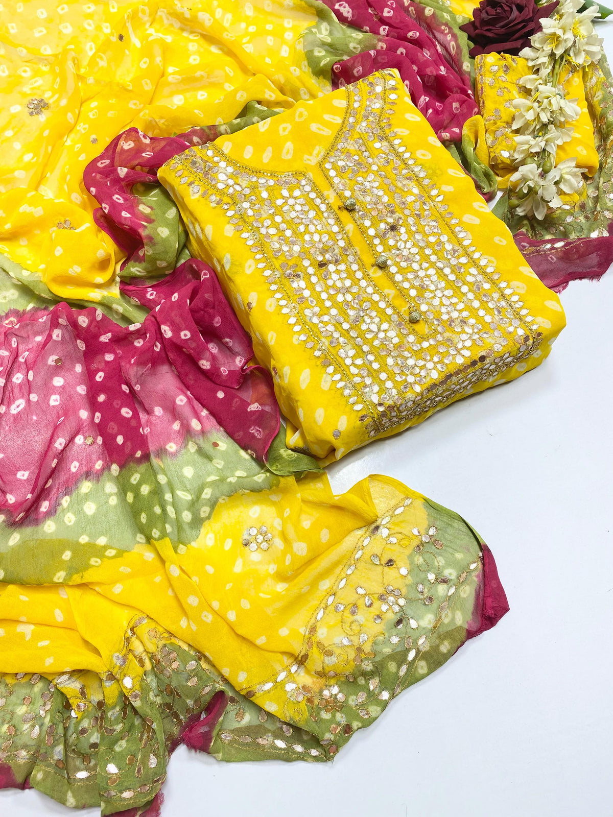 Chunri Pasting Gota Work Suit - Yellow & Pink