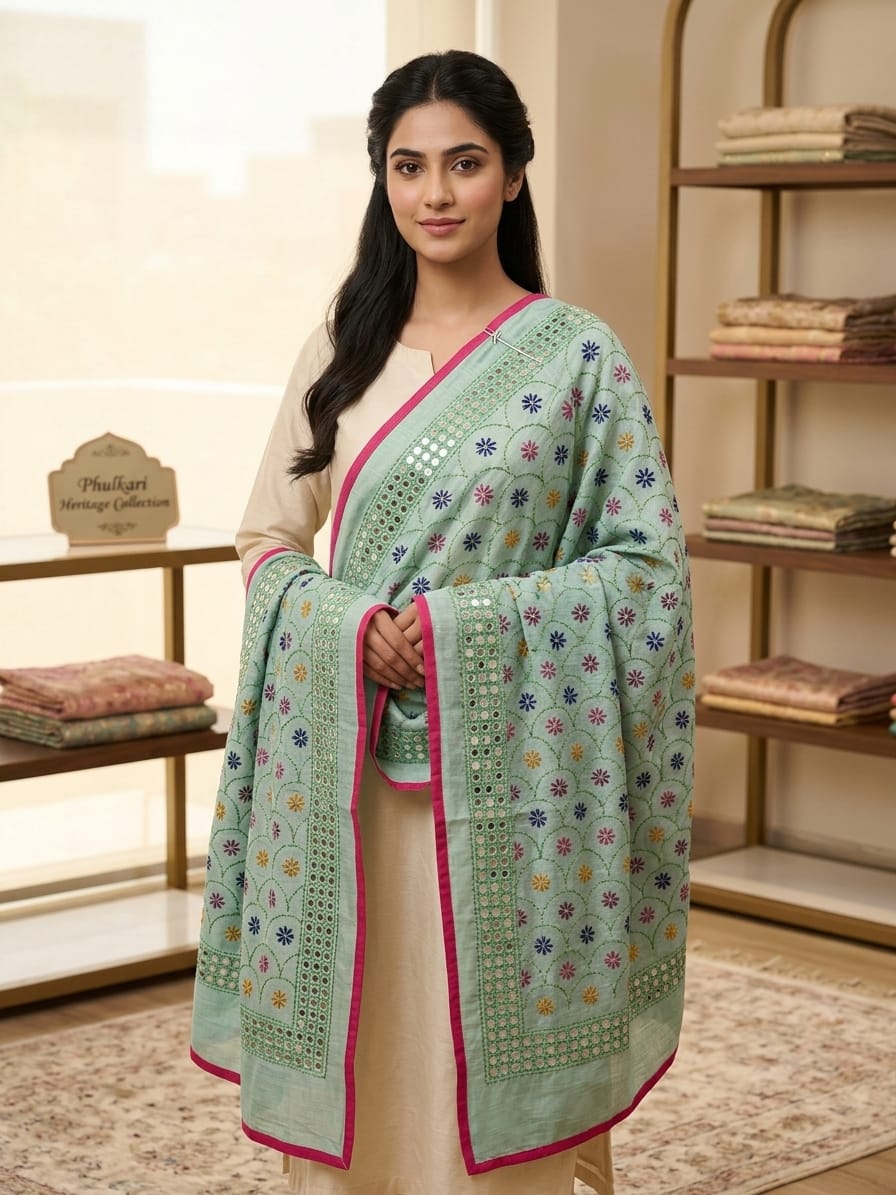 Phulkari Hand Embroidered Shawl - Mint Green