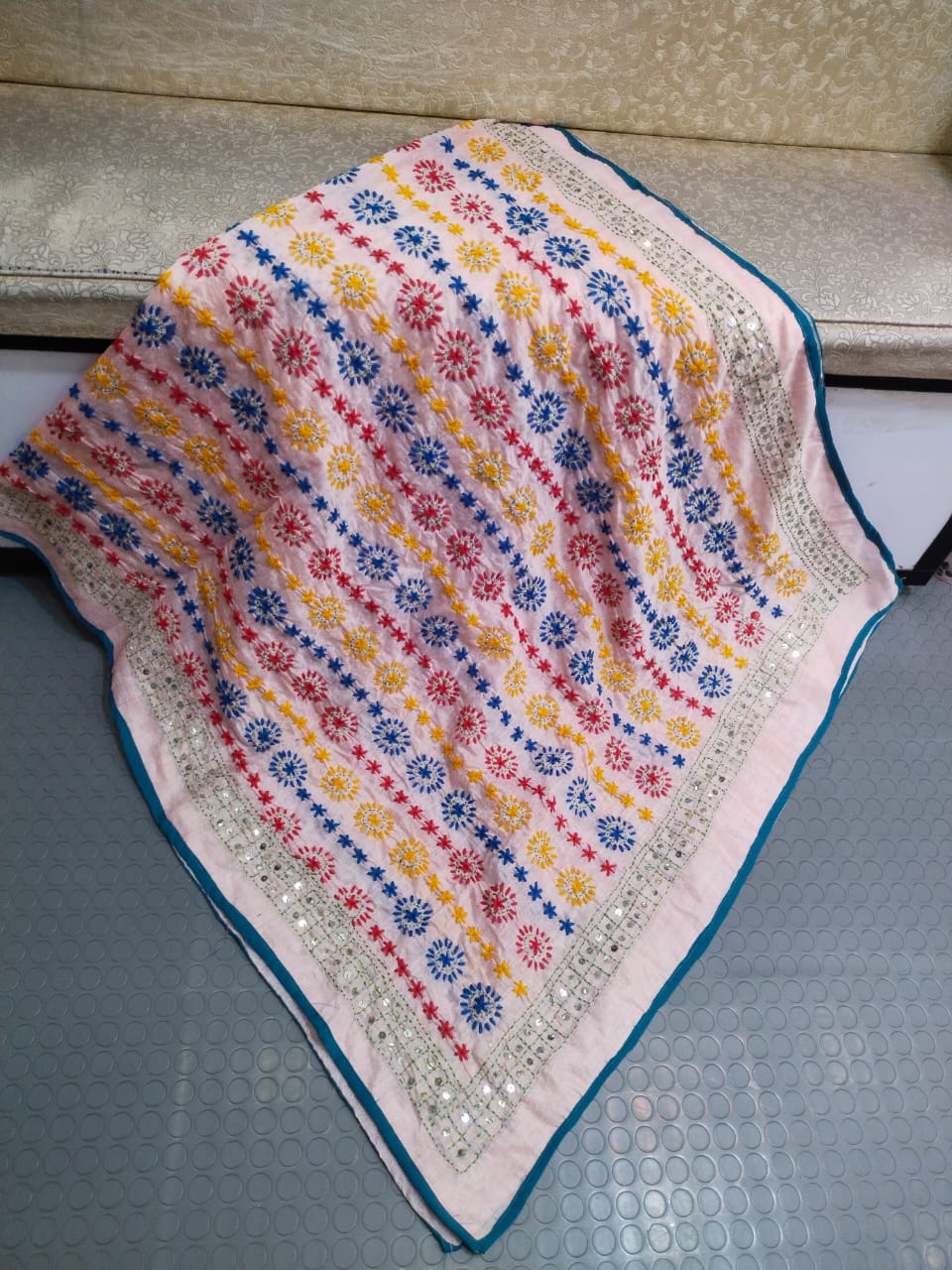 Phulkari Hand Embroidered Shawl - Peach Stripe