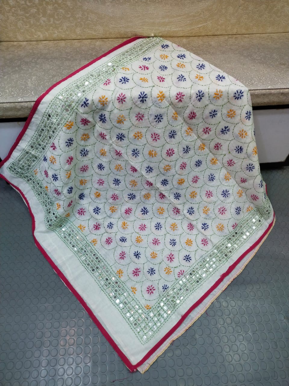 Phulkari Hand Embroidered Shawl - White Scalloped