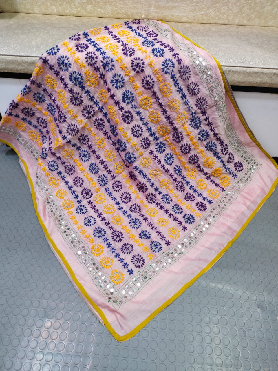 Phulkari Hand Embroidered Shawl - Rose Stripe