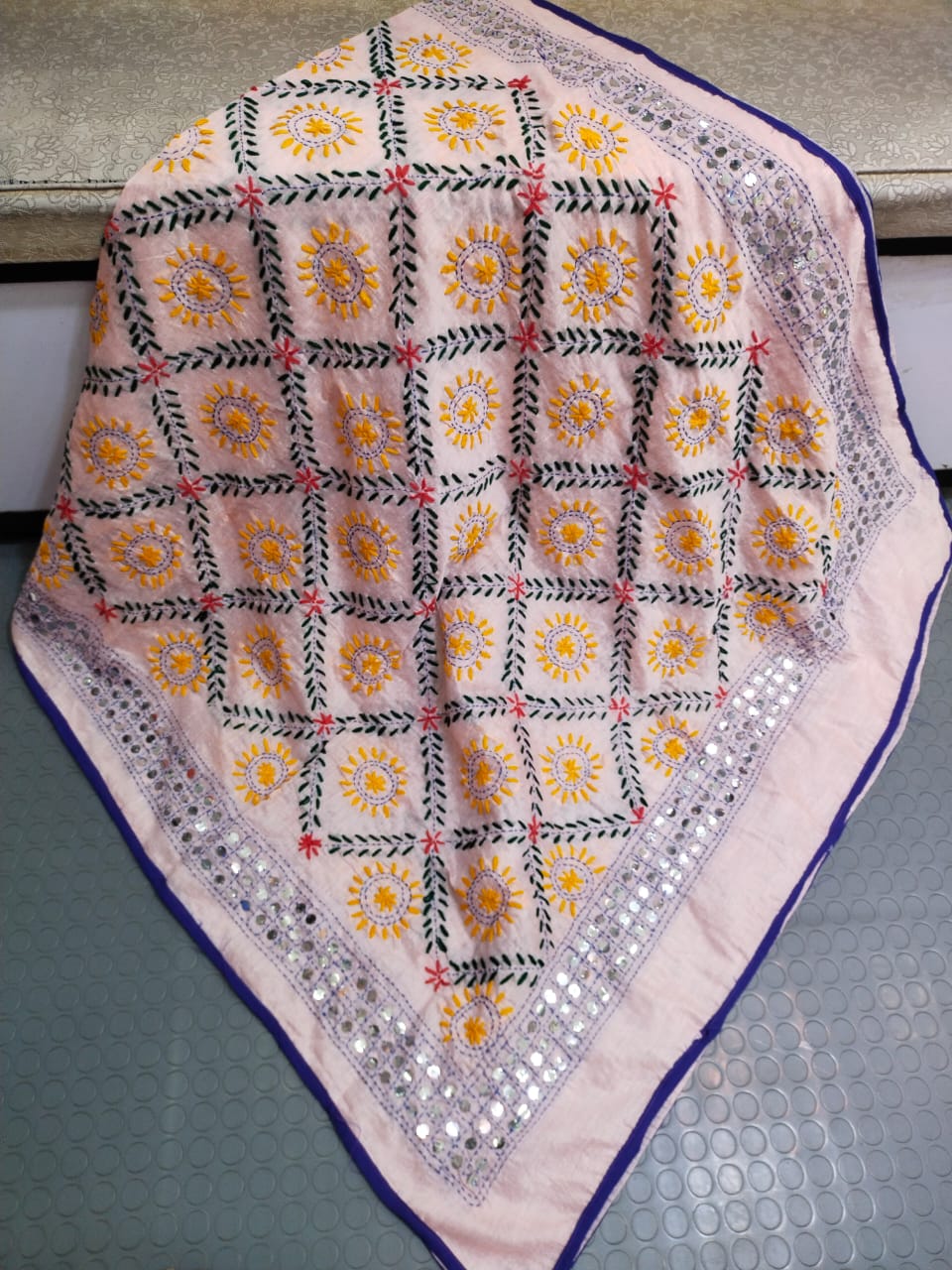 Phulkari Hand Embroidered Shawl - Rose Grid