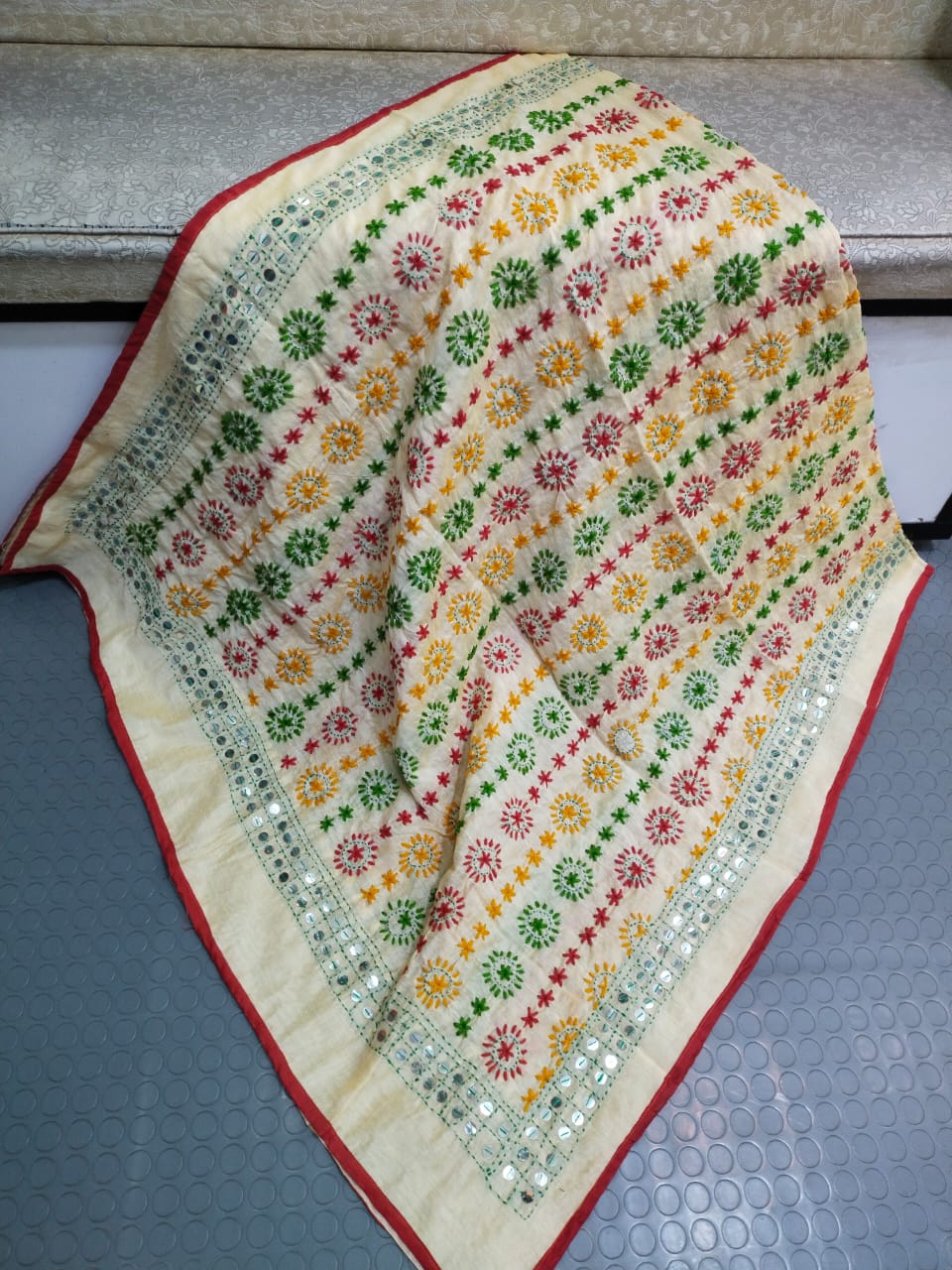 Phulkari Hand Embroidered Shawl - Cream Grid
