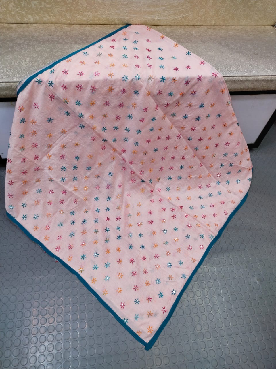 Phulkari Hand Embroidered Shawl - Pink Star Scatter