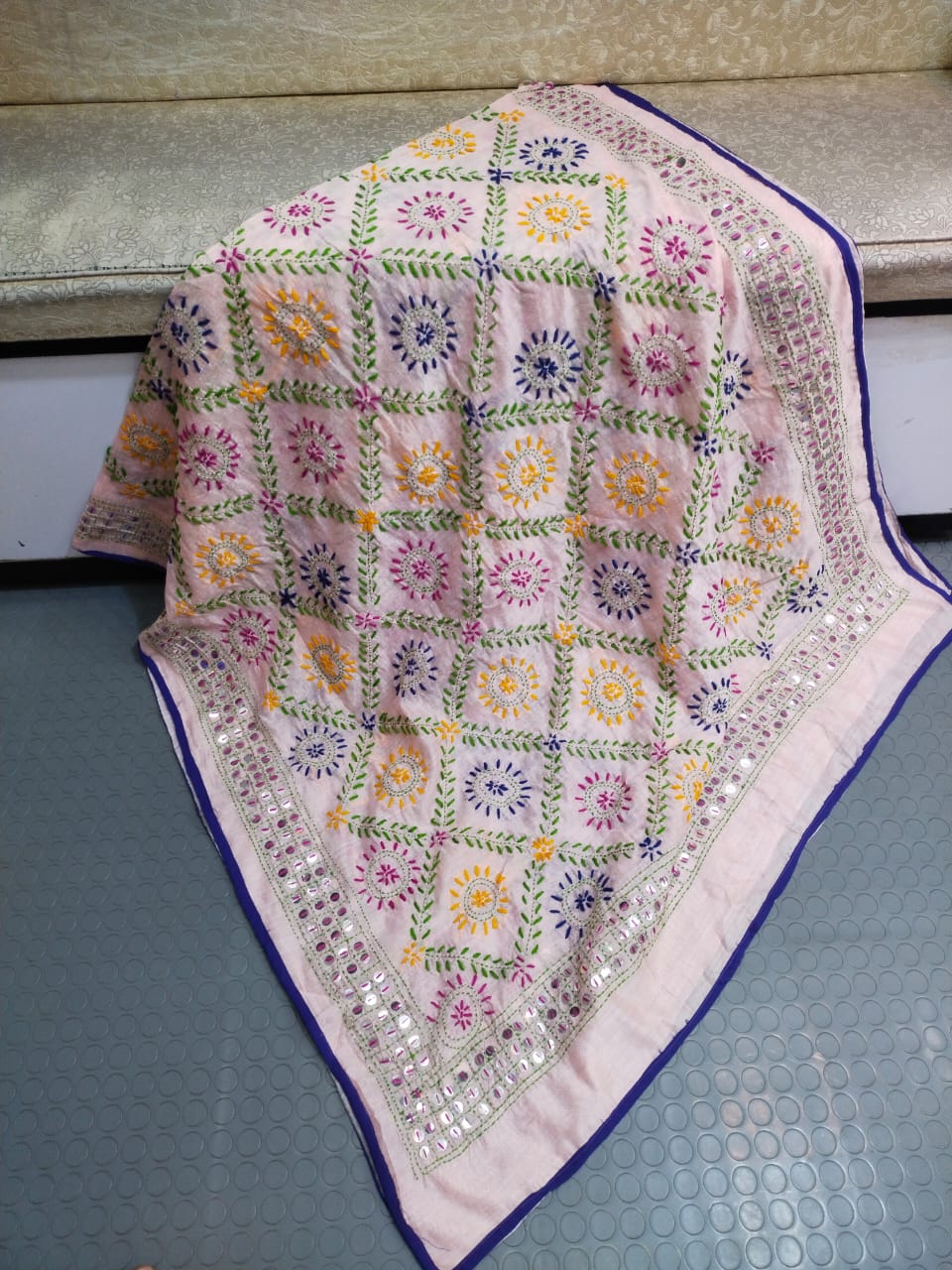 Phulkari Hand Embroidered Shawl - Blush Grid