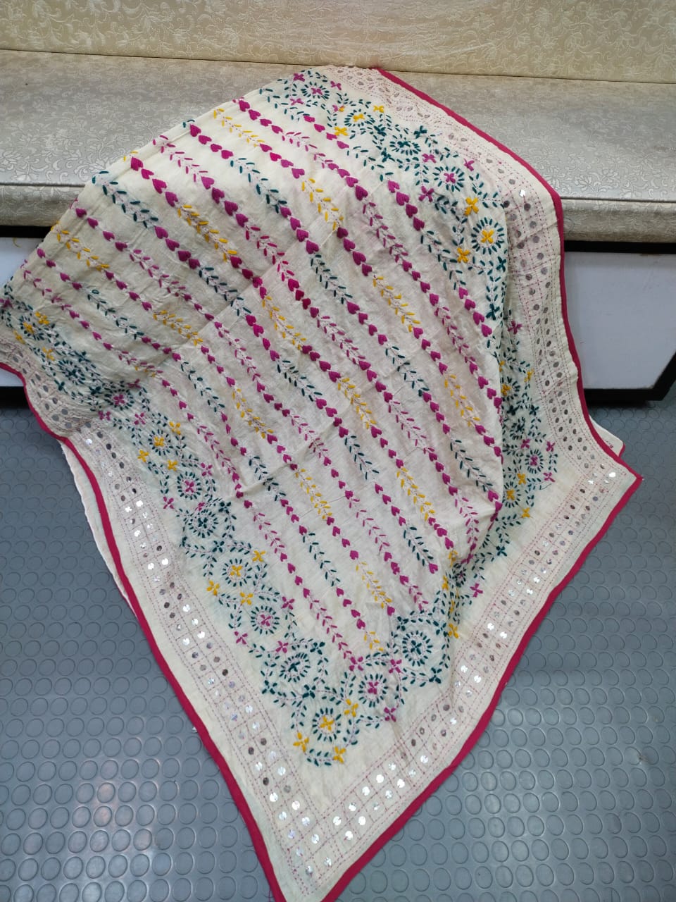 Phulkari Hand Embroidered Shawl - Ivory Stripe