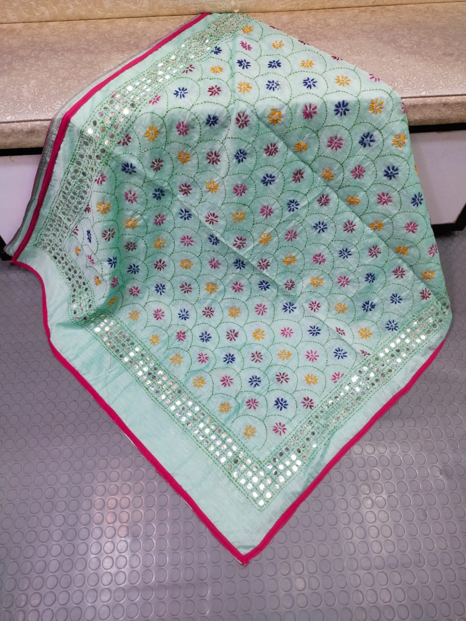 Phulkari Hand Embroidered Shawl - Mint Scalloped