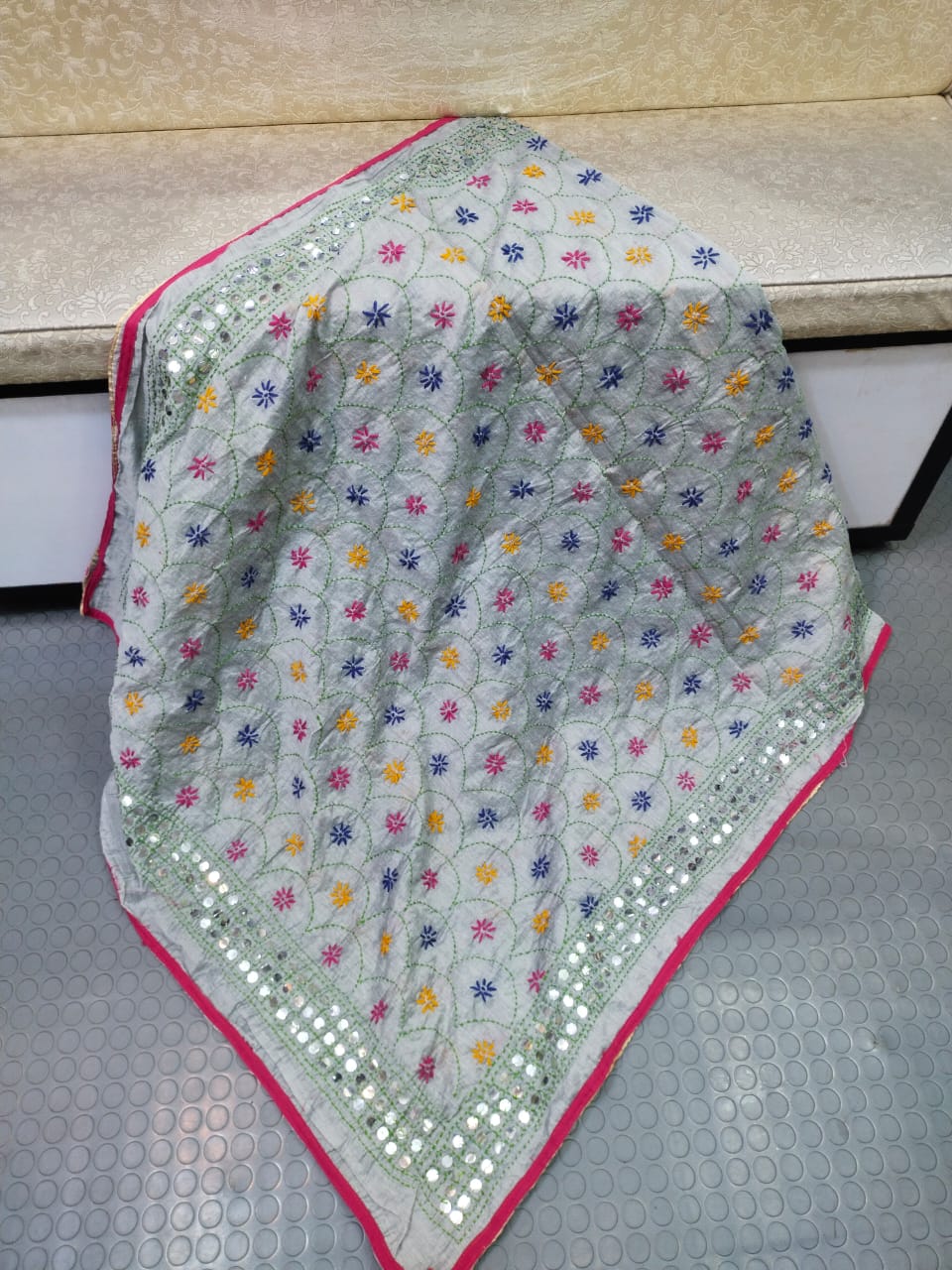 Phulkari Hand Embroidered Shawl - Grey Scalloped
