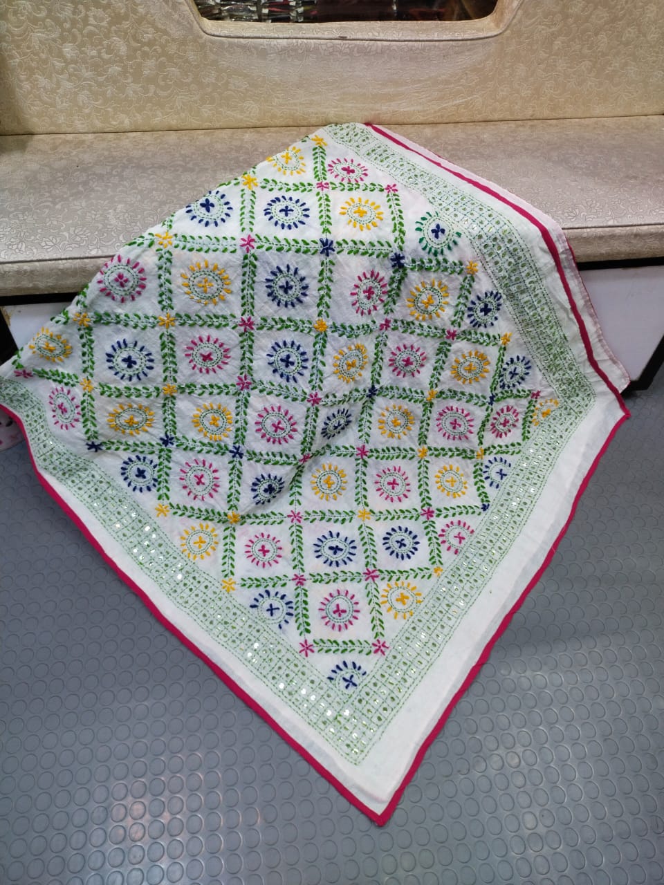 Phulkari Hand Embroidered Shawl - White Sunburst