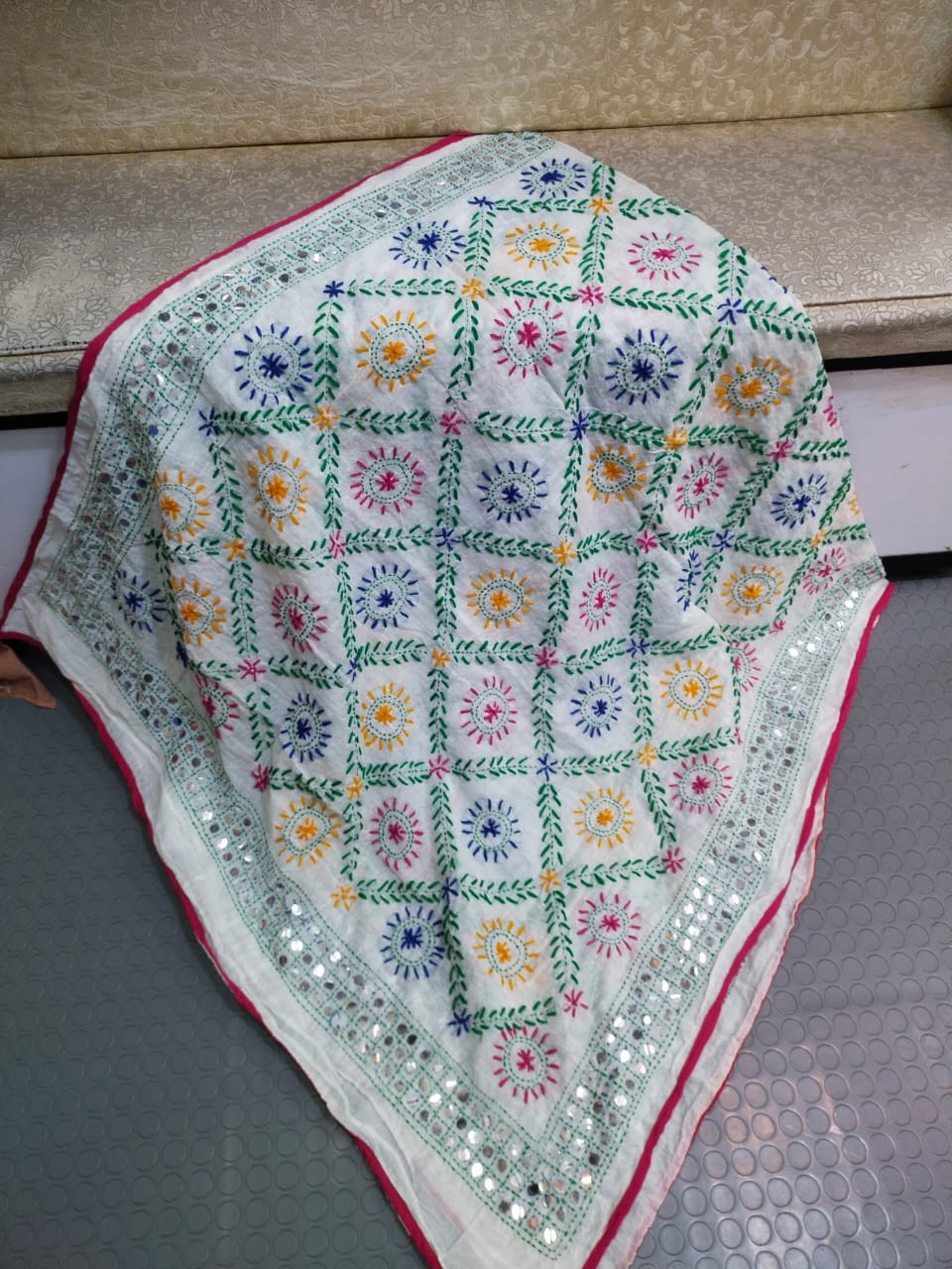 Phulkari Hand Embroidered Shawl - Cream Sunburst