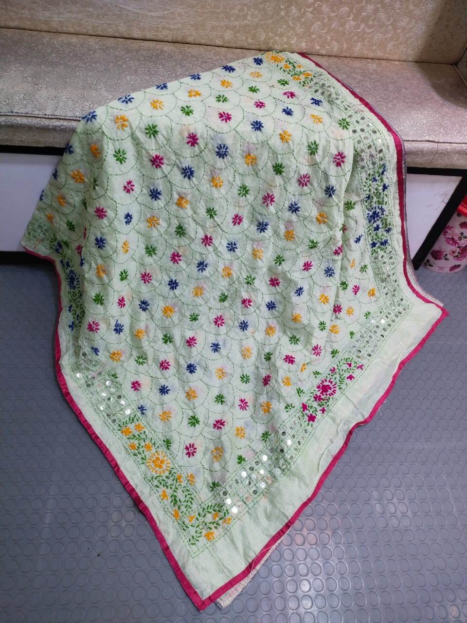 Phulkari Hand Embroidered Shawl - Sage Scalloped
