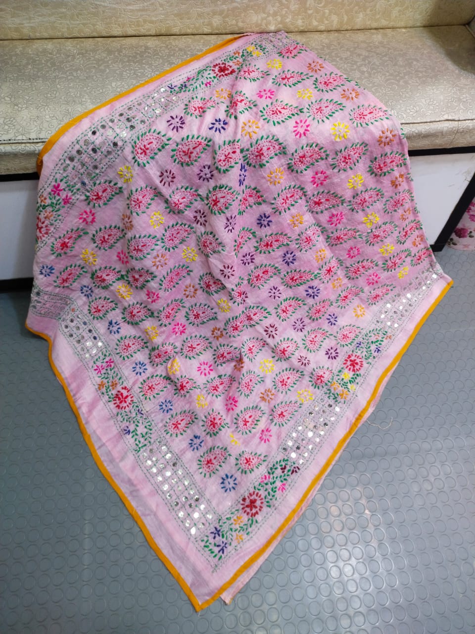 Phulkari Hand Embroidered Shawl - Baby Pink Paisley