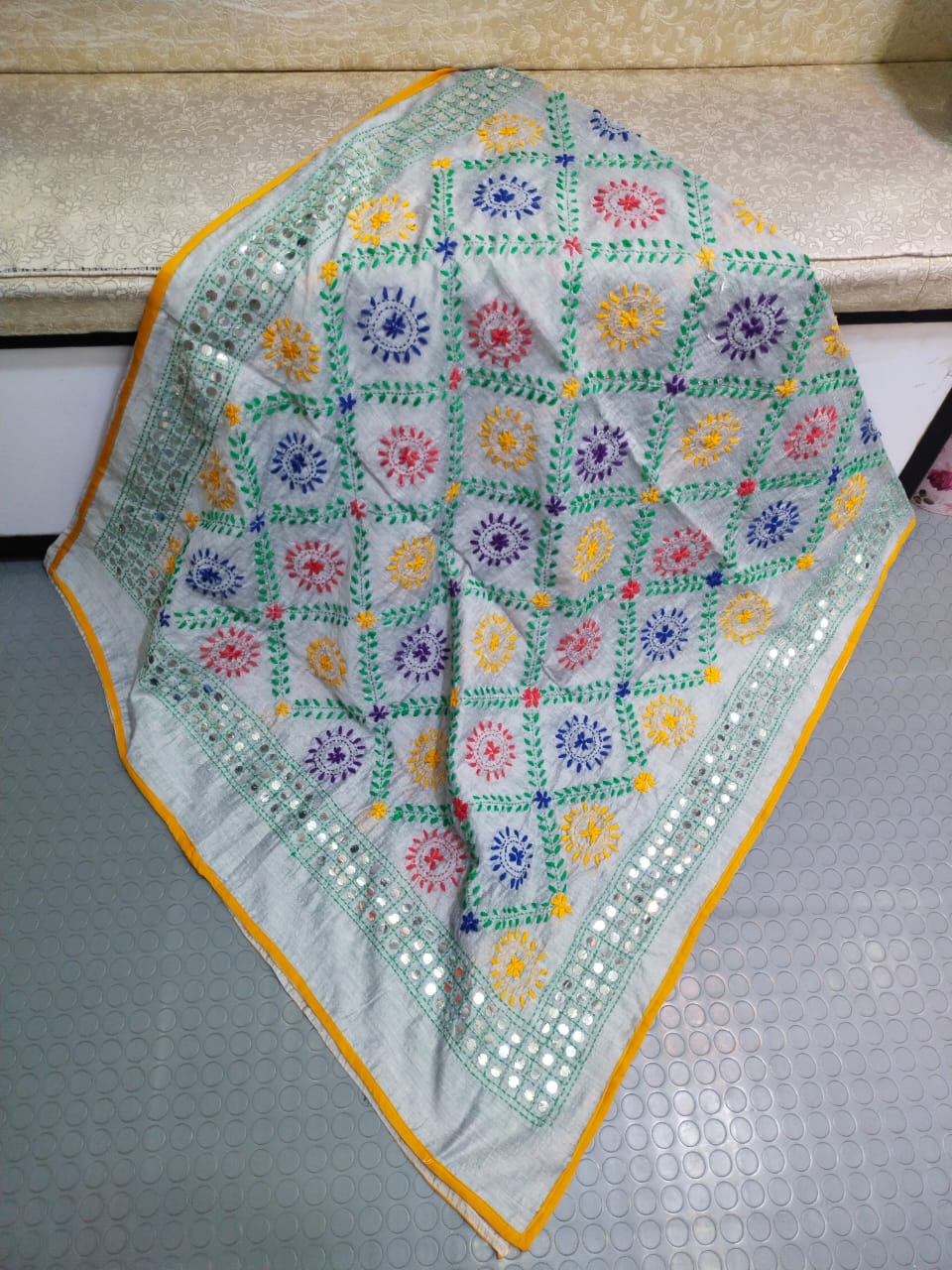 Phulkari Hand Embroidered Shawl - Ivory Sunburst