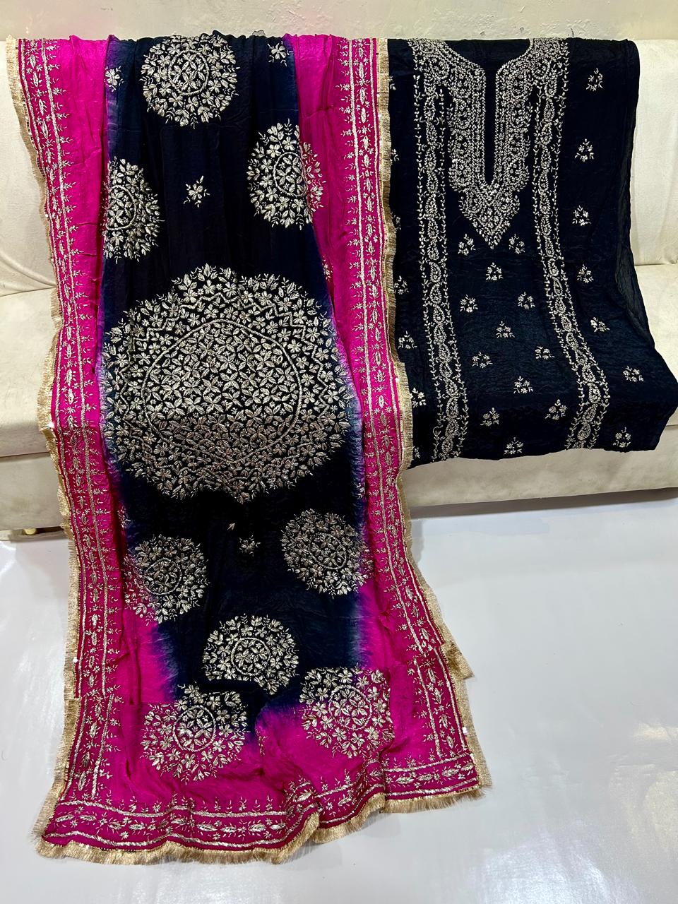 Premium Marori Gota Work Suit - 2Pc Shirt & Heavy Dupatta - Black & Rani Pink