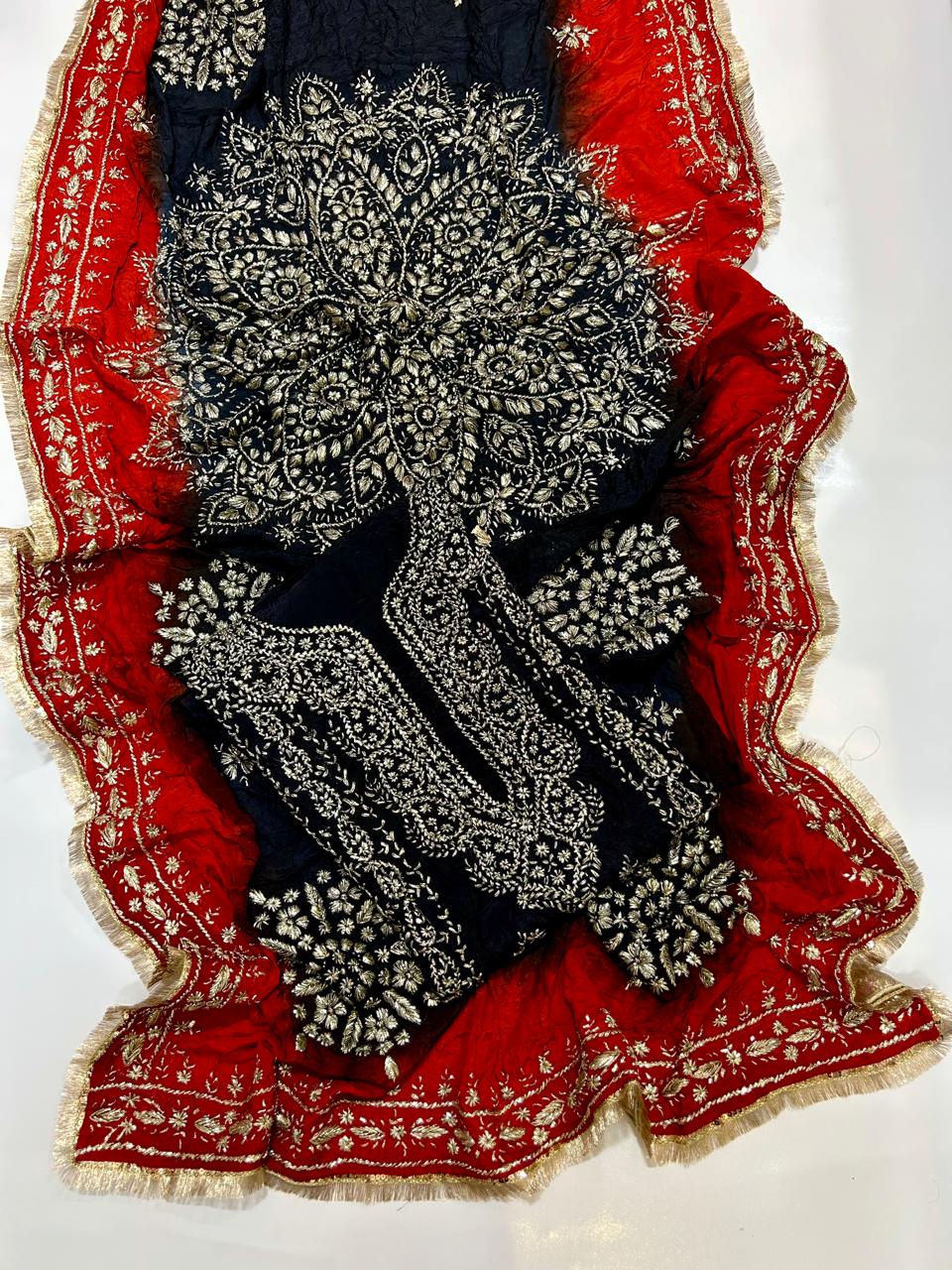 Premium Marori Gota Work Suit - 2Pc Shirt & Heavy Dupatta - Black & Red