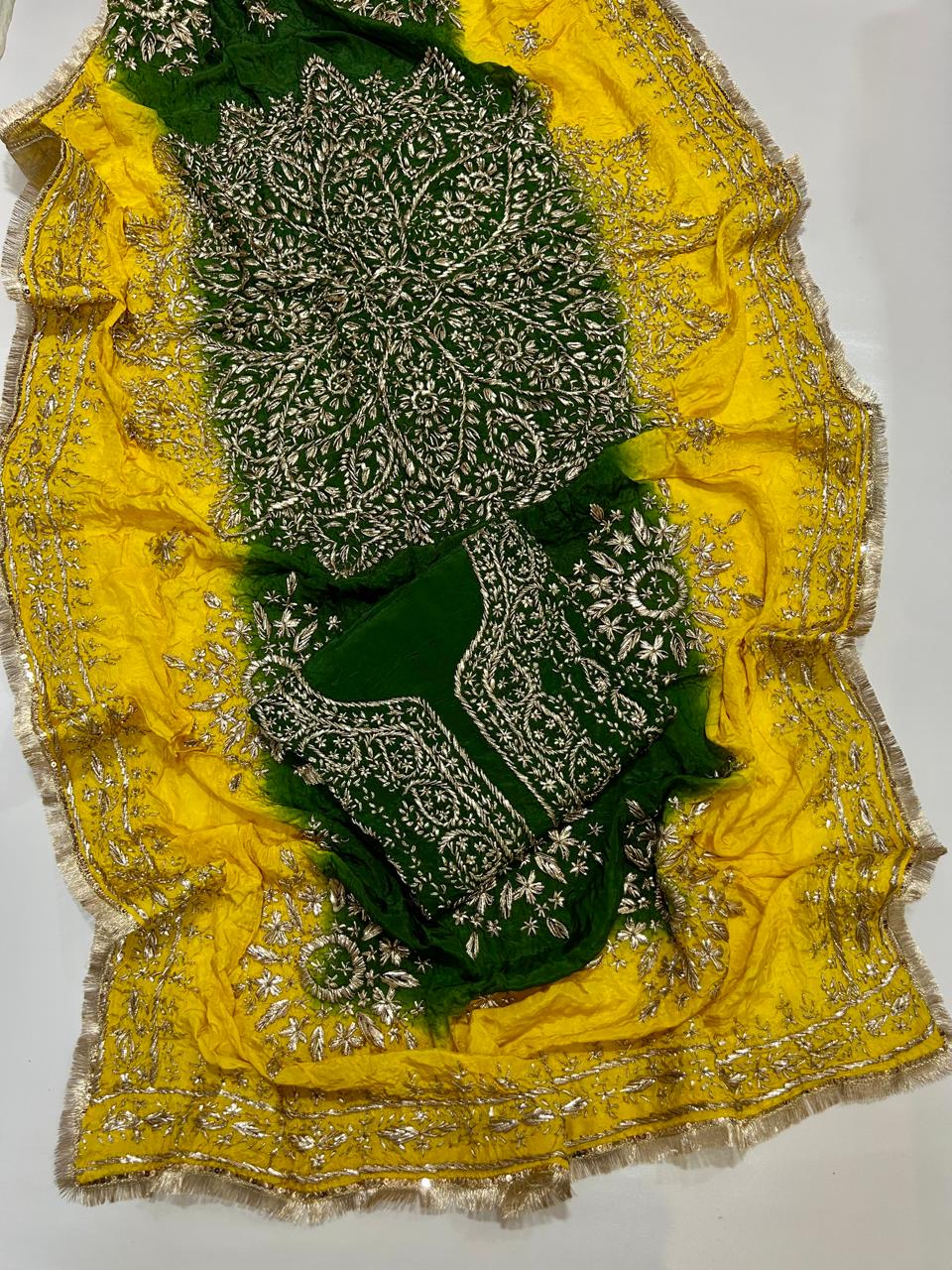 Premium Marori Gota Work Suit - 2Pc Shirt & Heavy Dupatta - Bottle Green & Yellow