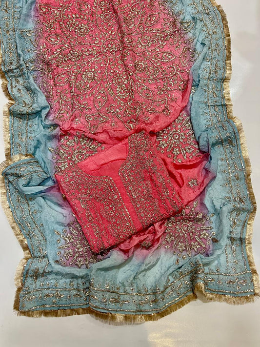 Premium Marori Gota Work Suit - 2Pc Shirt & Heavy Dupatta - Coral Pink & Sky Blue