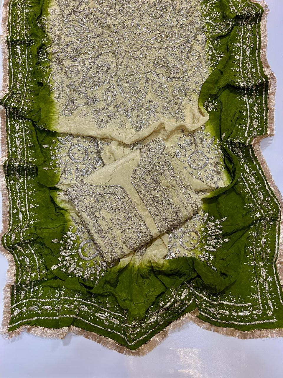 Premium Marori Gota Work Suit - 2Pc Shirt & Heavy Dupatta - Cream & Mehndi Green