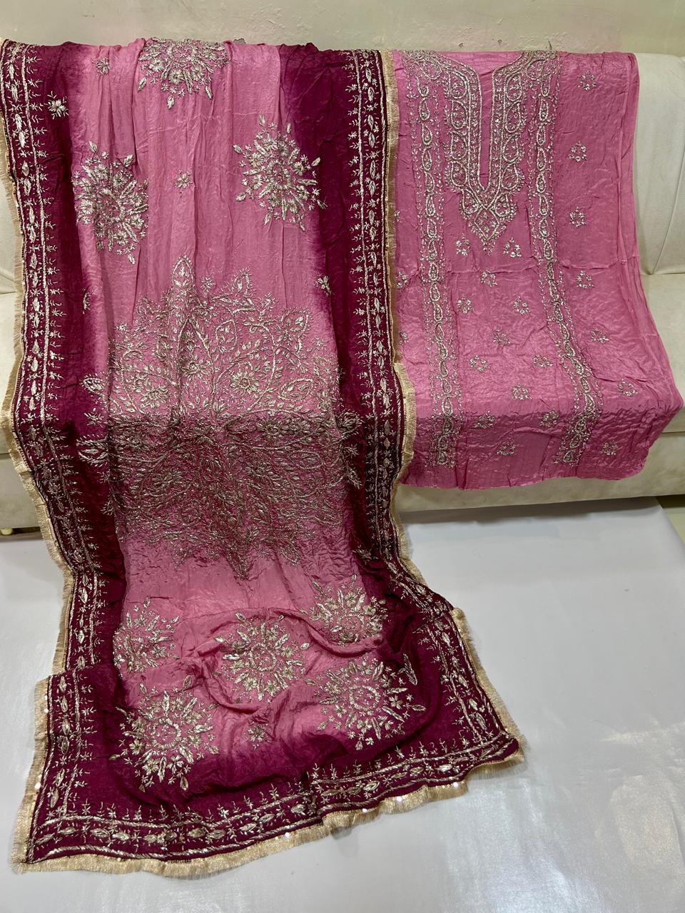 Premium Marori Gota Work Suit - 2Pc Shirt & Heavy Dupatta - Dusty Rose & Wine