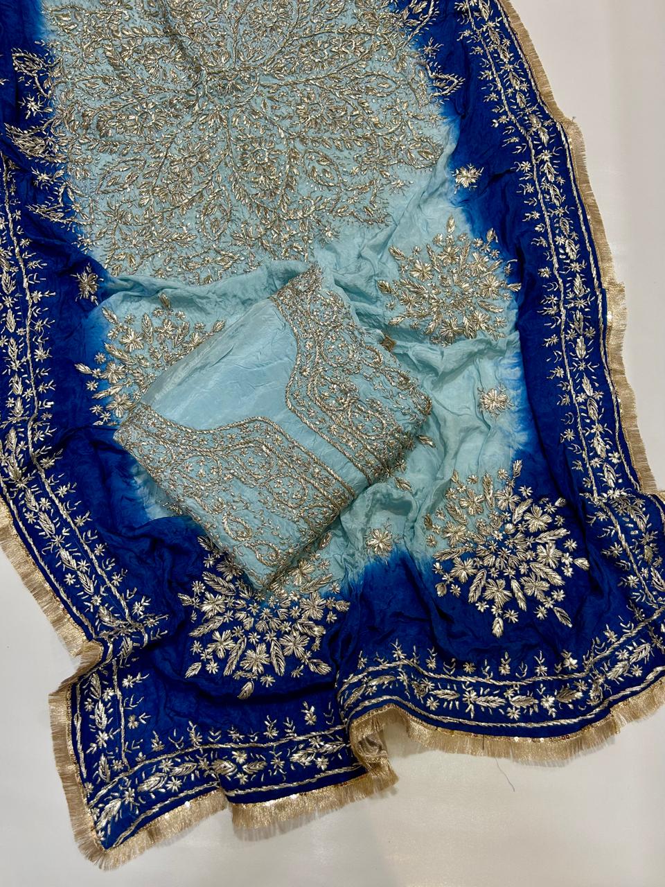 Premium Marori Gota Work Suit - 2Pc Shirt & Heavy Dupatta - Ice Blue & Royal Blue