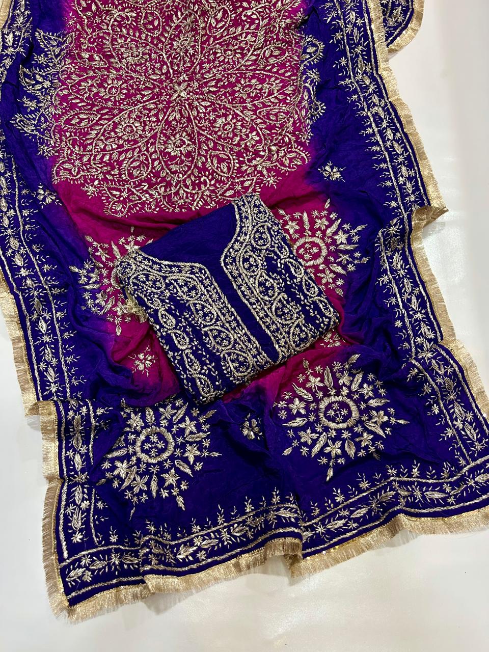 Premium Marori Gota Work Suit - 2Pc Shirt & Heavy Dupatta - Indigo & Magenta