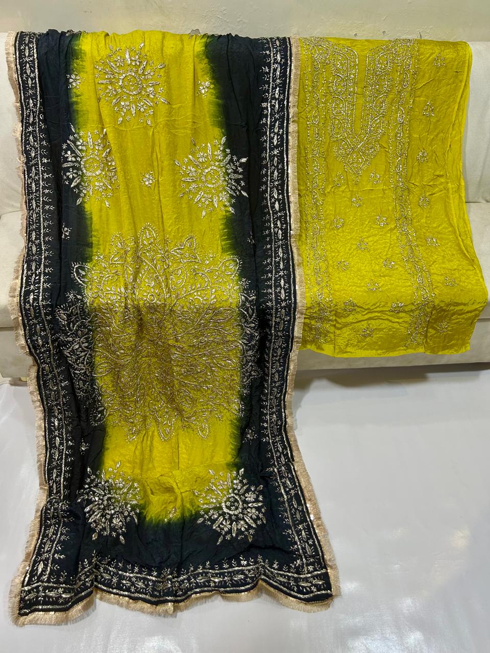 Premium Marori Gota Work Suit - 2Pc Shirt & Heavy Dupatta - Lime & Black