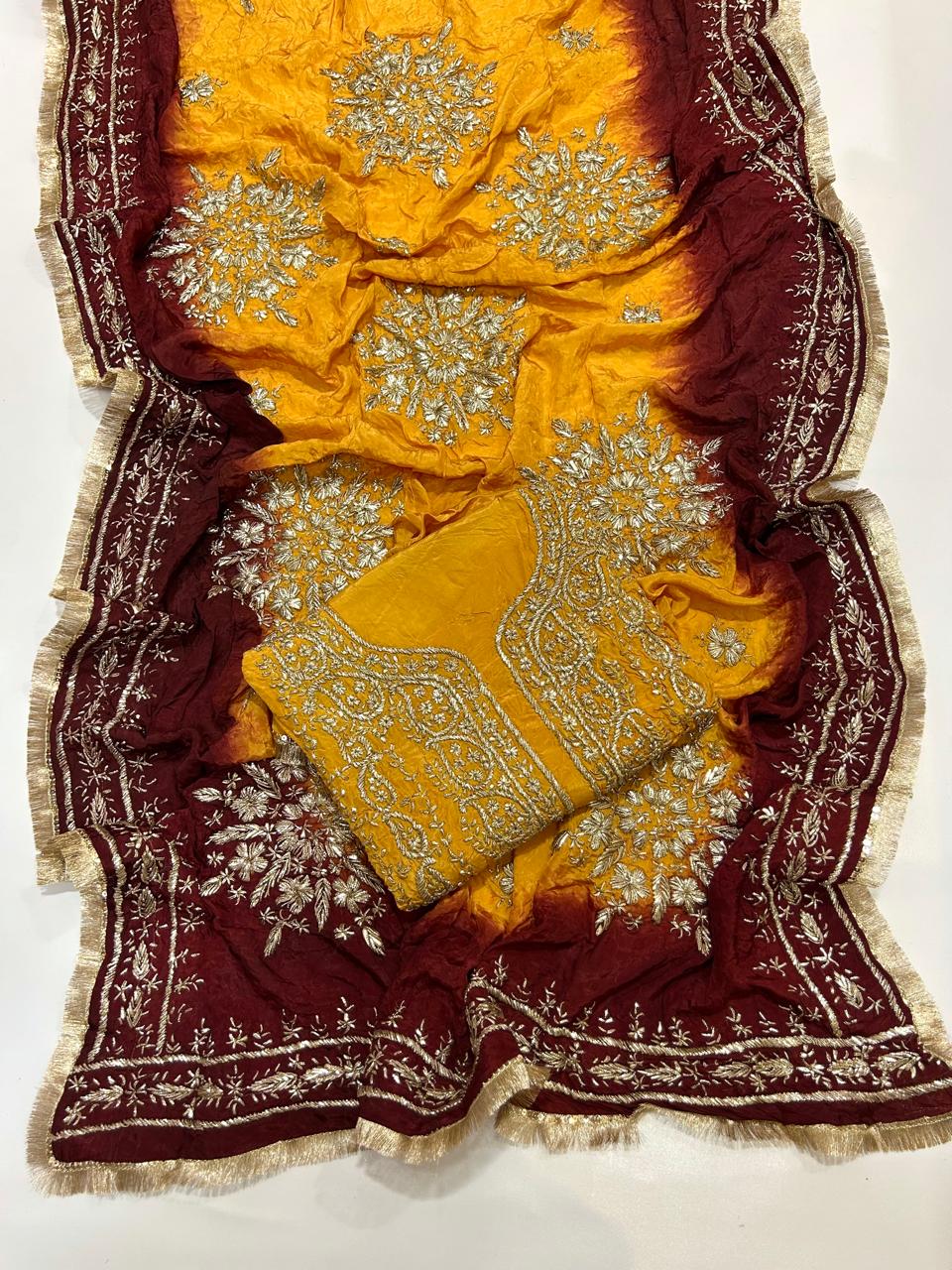 Premium Marori Gota Work Suit - 2Pc Shirt & Heavy Dupatta - Mustard & Maroon