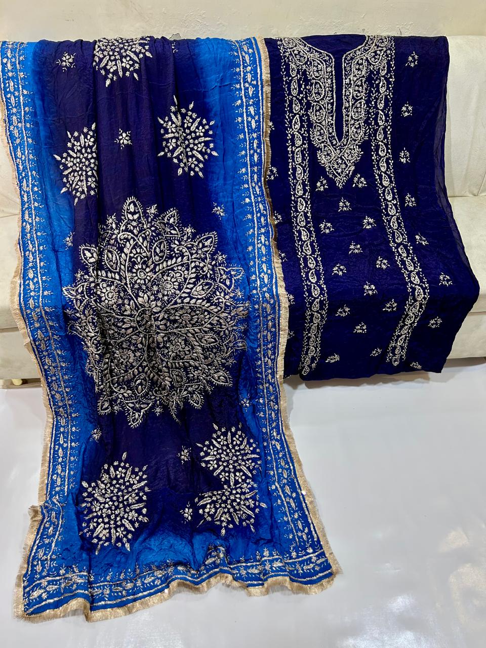 Premium Marori Gota Work Suit - 2Pc Shirt & Heavy Dupatta - Navy & Cobalt Blue