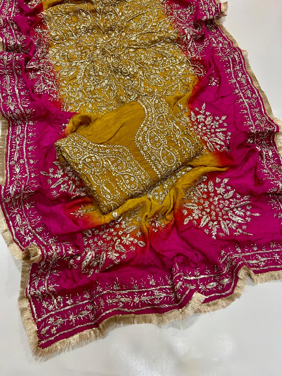 Premium Marori Gota Work Suit - 2Pc Shirt & Heavy Dupatta - Ochre & Rani Pink