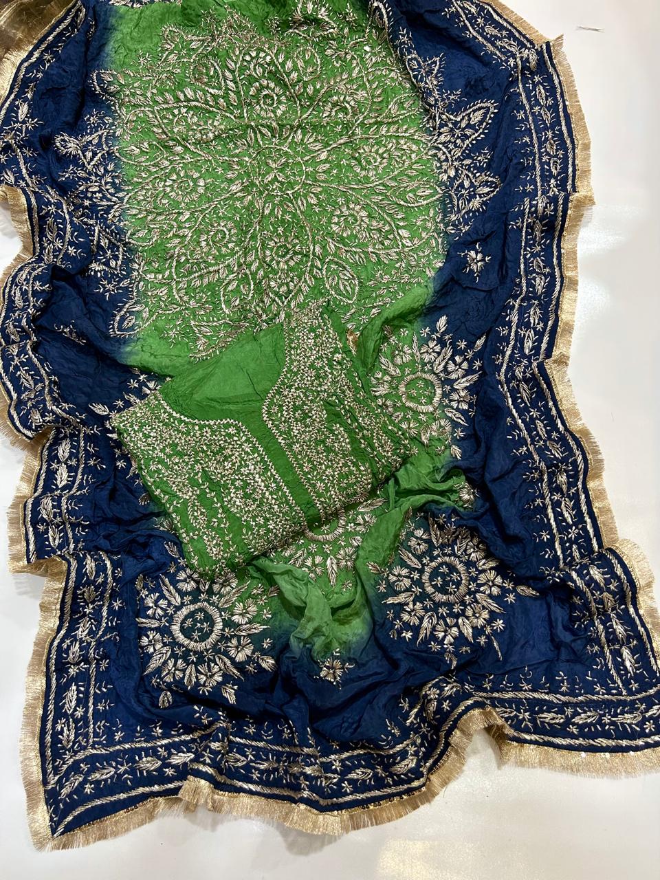 Premium Marori Gota Work Suit - 2Pc Shirt & Heavy Dupatta - Parrot Green & Navy