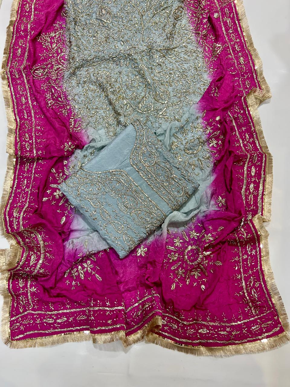 Premium Marori Gota Work Suit - 2Pc Shirt & Heavy Dupatta - Powder Blue & Rani Pink