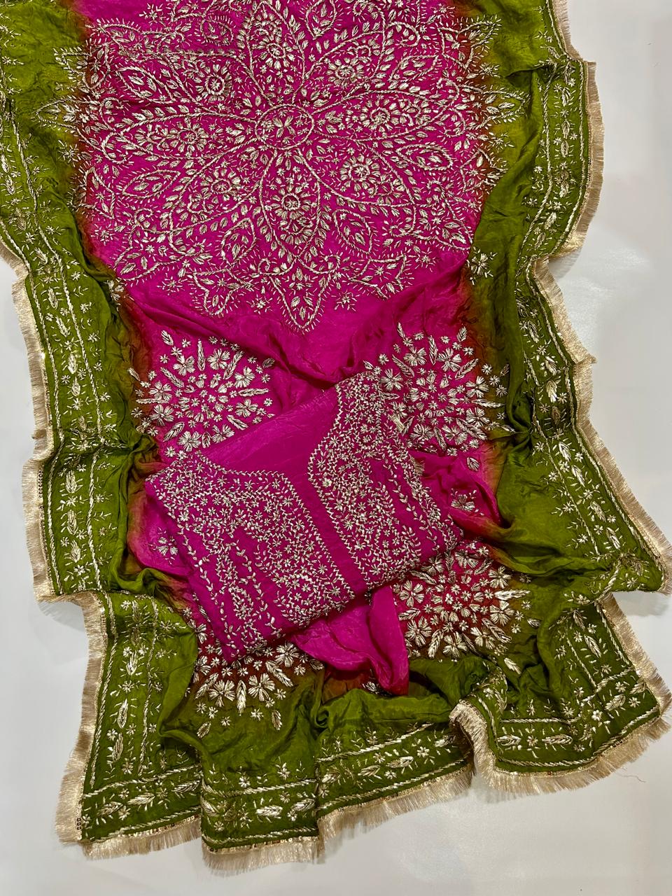 Premium Marori Gota Work Suit - 2Pc Shirt & Heavy Dupatta - Rani Pink & Mehndi Green