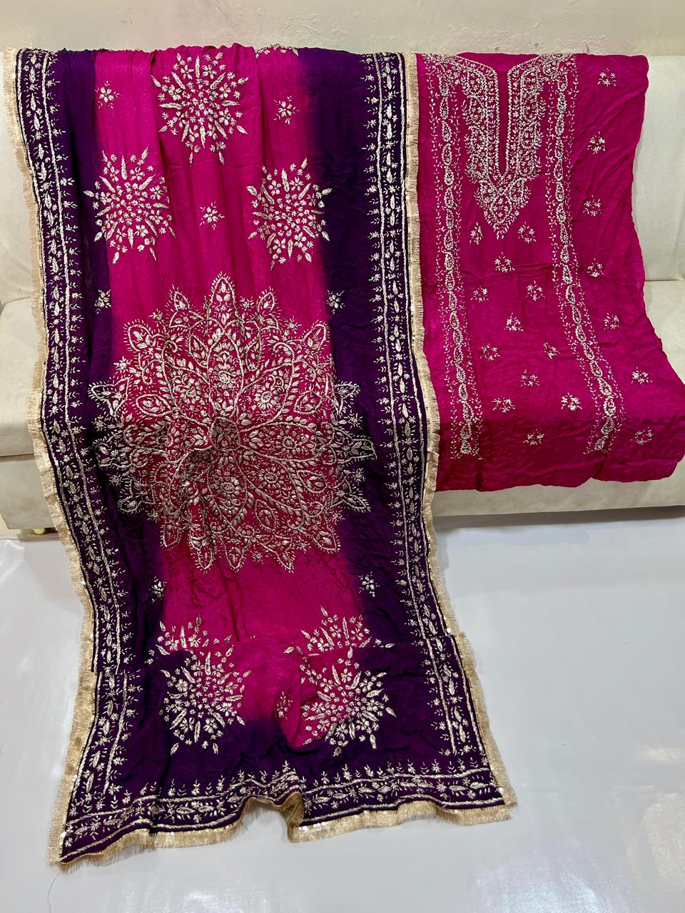 Premium Marori Gota Work Suit - 2Pc Shirt & Heavy Dupatta - Rani Pink & Purple