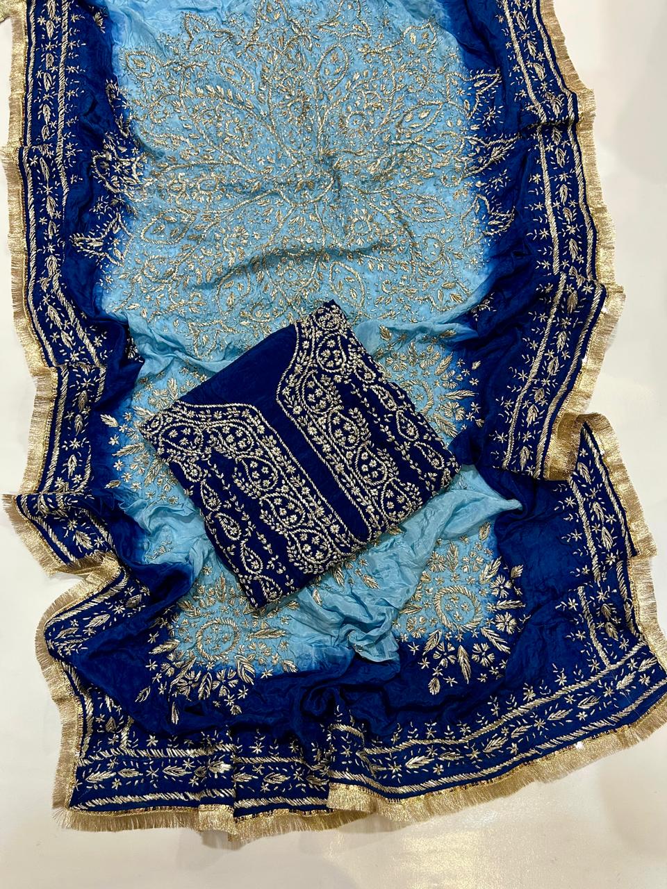 Premium Marori Gota Work Suit - 2Pc Shirt & Heavy Dupatta - Royal Blue & Sky Blue