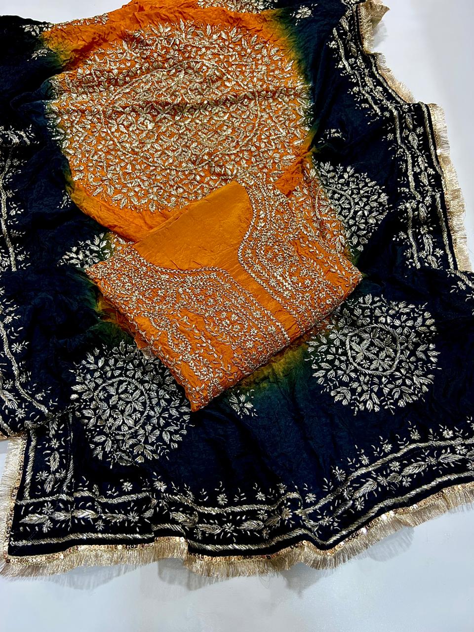 Premium Marori Gota Work Suit - 2Pc Shirt & Heavy Dupatta - Rust & Black
