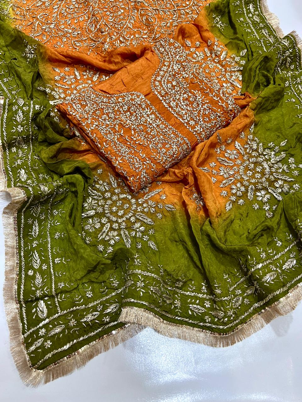 Premium Marori Gota Work Suit - 2Pc Shirt & Heavy Dupatta - Rust & Mehndi Green