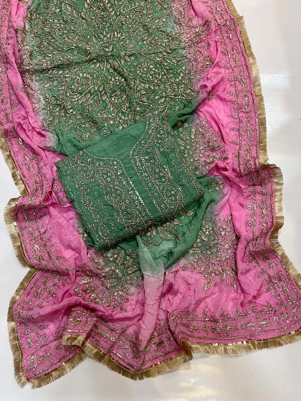 Premium Marori Gota Work Suit - 2Pc Shirt & Heavy Dupatta - Sage Green & Baby Pink