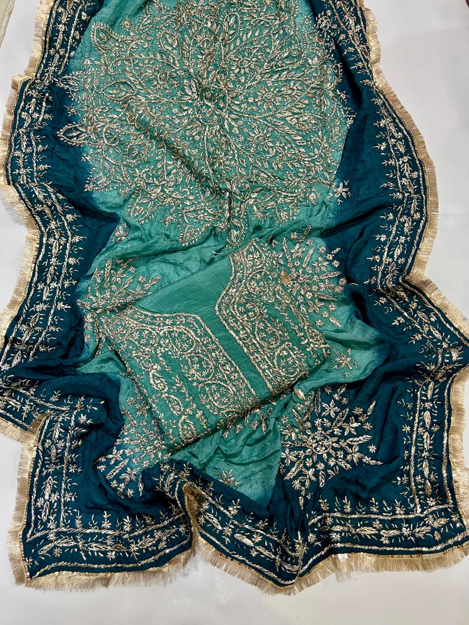 Premium Marori Gota Work Suit - 2Pc Shirt & Heavy Dupatta - Sea Green & Teal