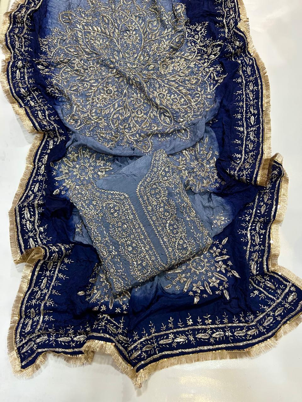 Premium Marori Gota Work Suit - 2Pc Shirt & Heavy Dupatta - Steel Grey & Navy