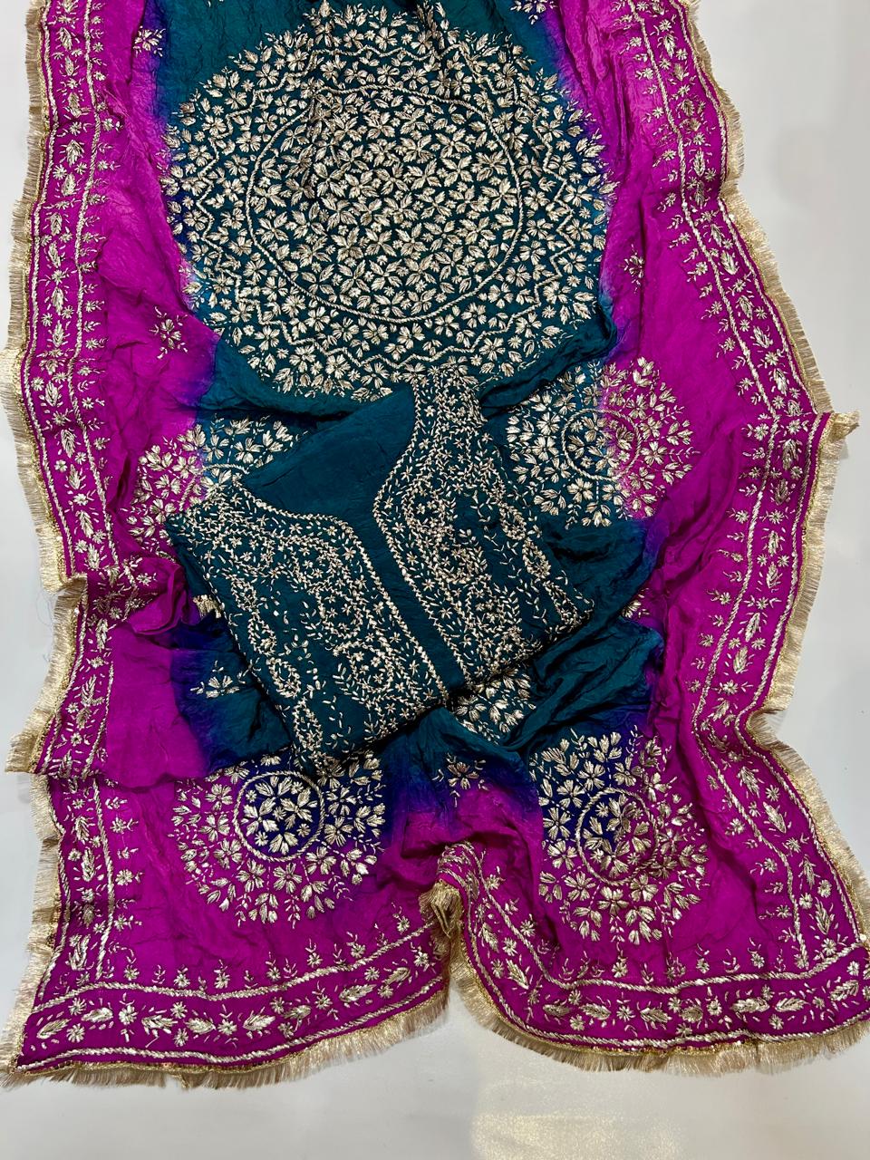 Premium Marori Gota Work Suit - 2Pc Shirt & Heavy Dupatta - Teal & Magenta
