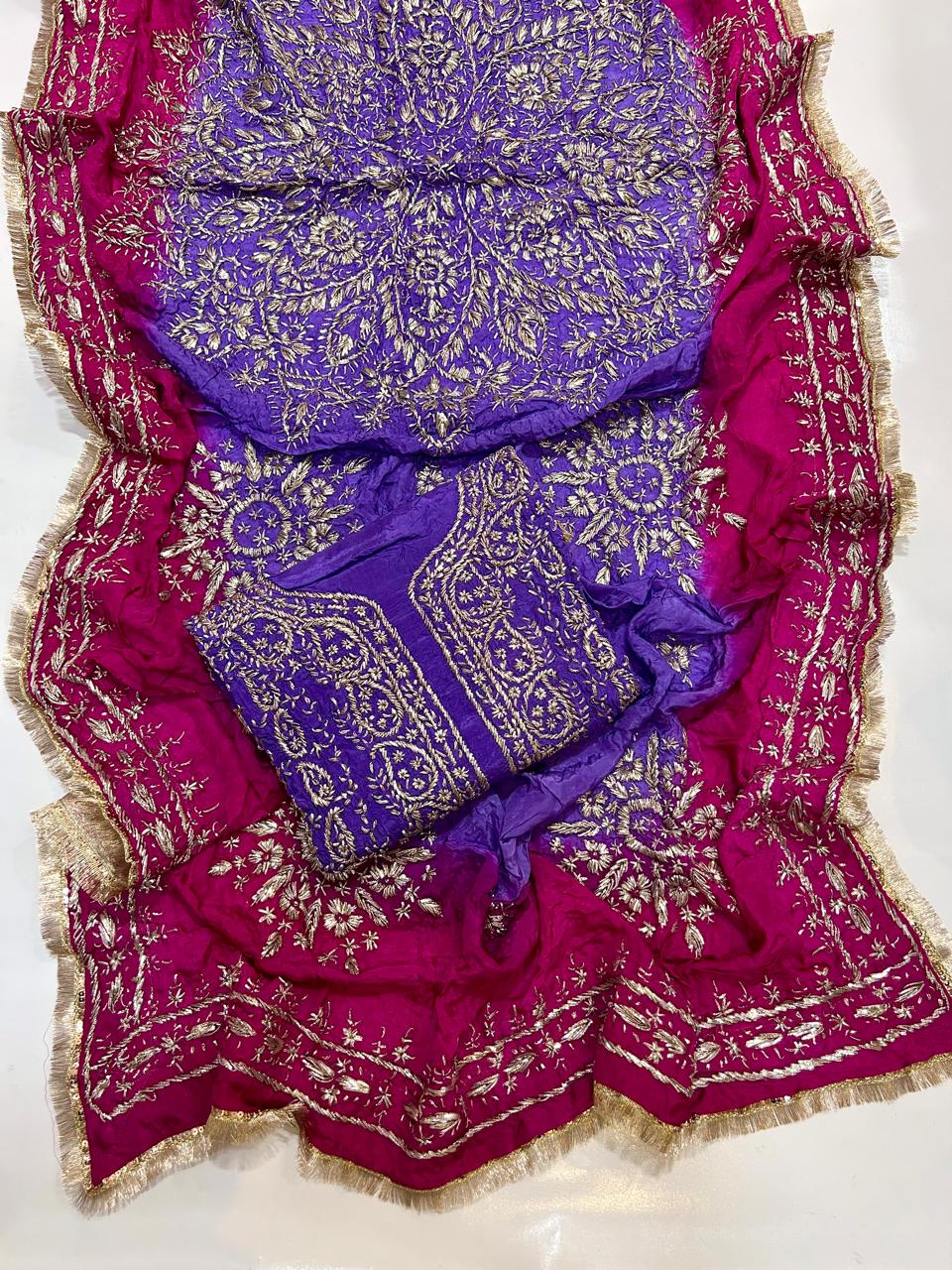 Premium Marori Gota Work Suit - 2Pc Shirt & Heavy Dupatta - Violet & Rani Pink