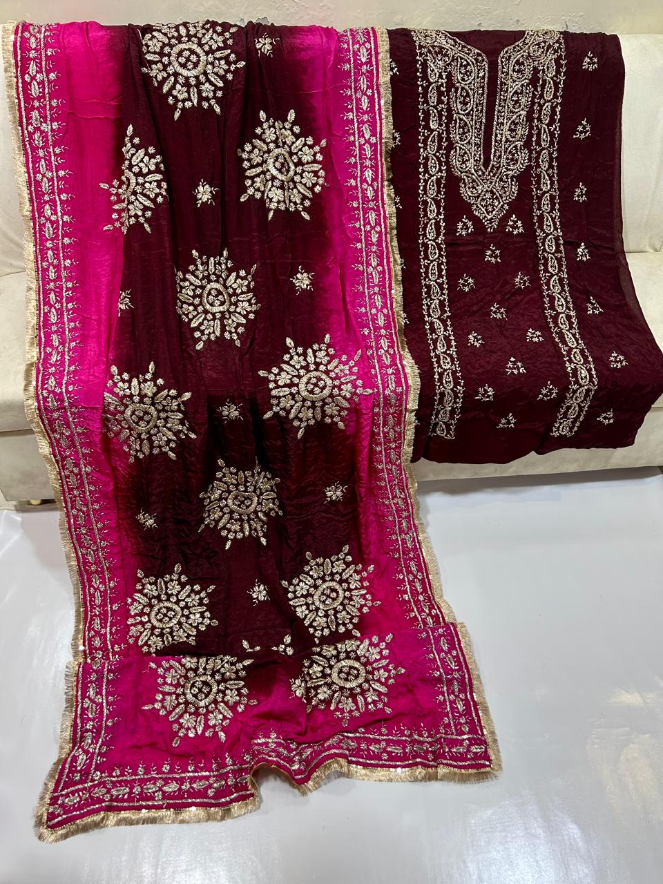 Premium Marori Gota Work Suit - 2Pc Shirt & Heavy Dupatta - Wine & Rani Pink