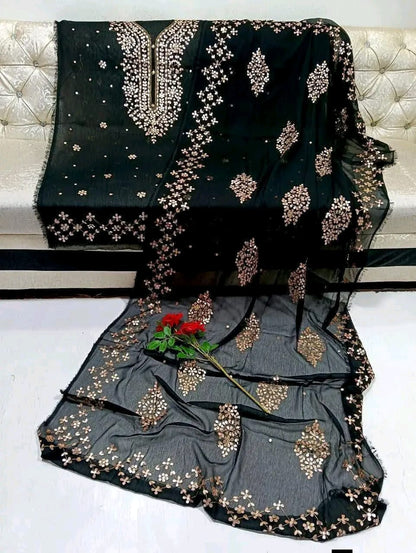 Handmade Press Gota Work Chiffon Suit - Black