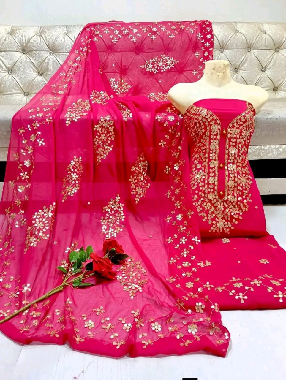 Handmade Press Gota Work Chiffon Suit - Hot Pink