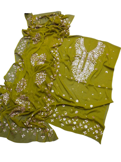 Handmade Press Gota Work Chiffon Suit - Mehndi Green