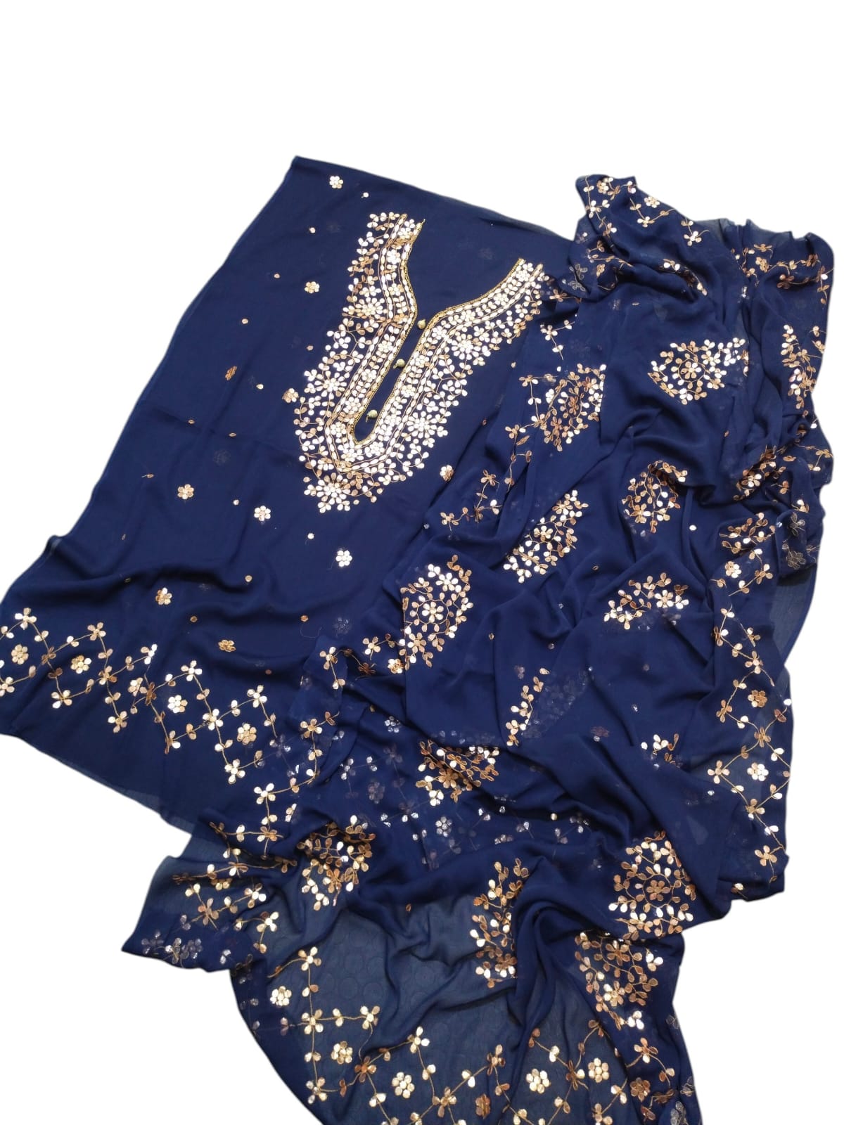 Handmade Press Gota Work Chiffon Suit - Navy Blue