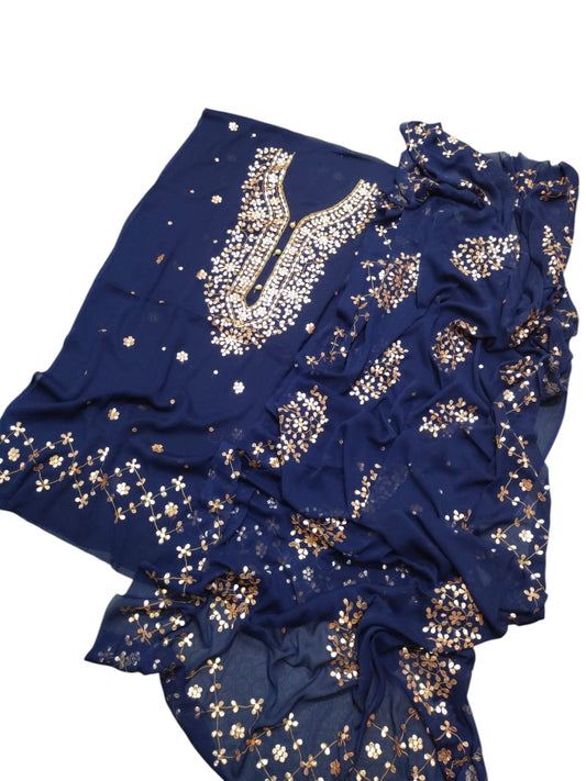 Handmade Press Gota Work Chiffon Suit - Navy Blue