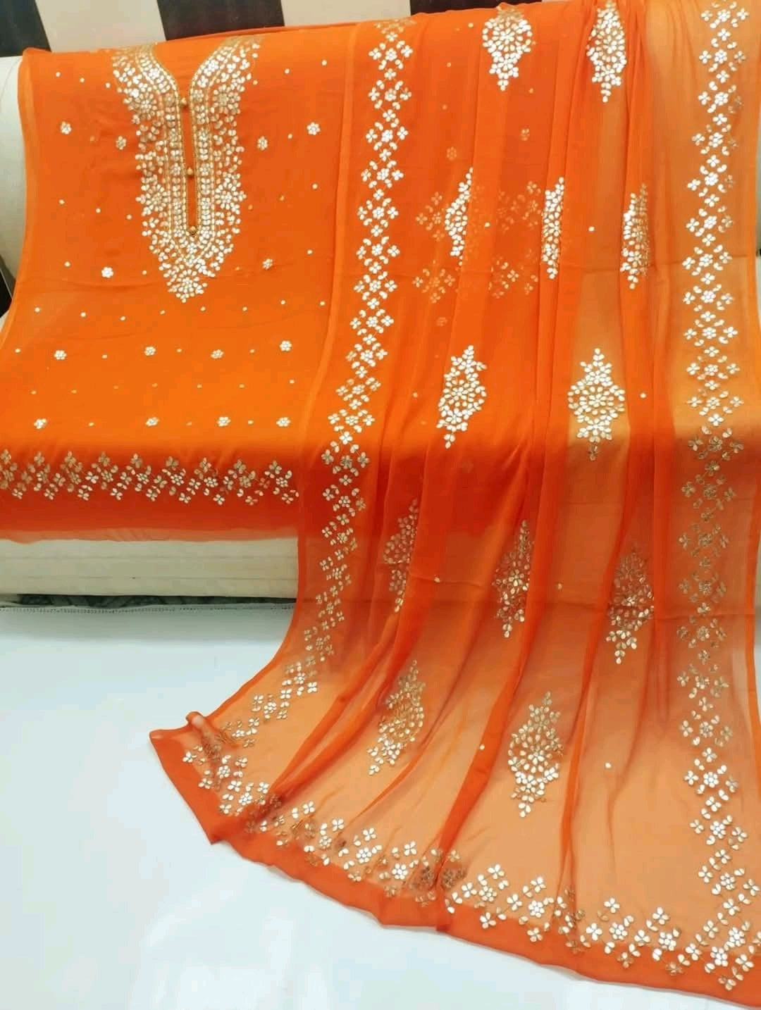 Handmade Press Gota Work Chiffon Suit - Orange